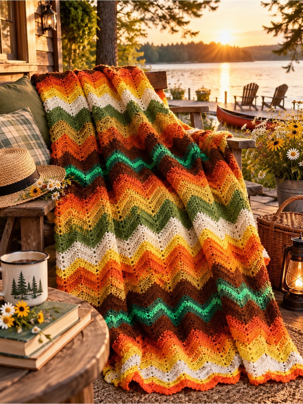 Handmade Crochet Chevron Blanket Retro Cottagecore Cabincore Throw